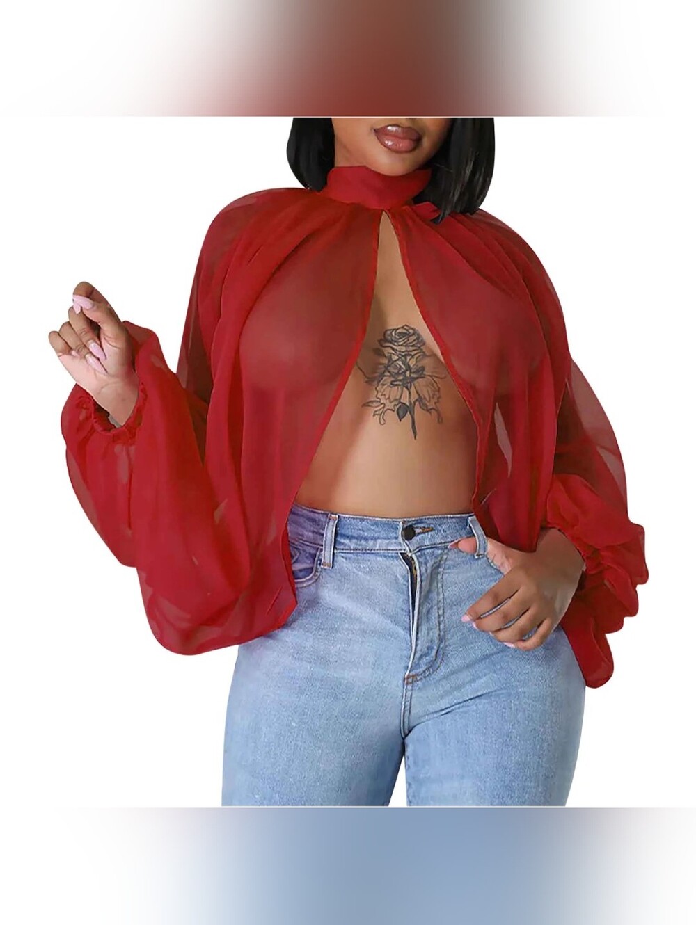 Womens Chiffon Blouse Sexy See Through Lantern Sleeve Front Back Open High Neck